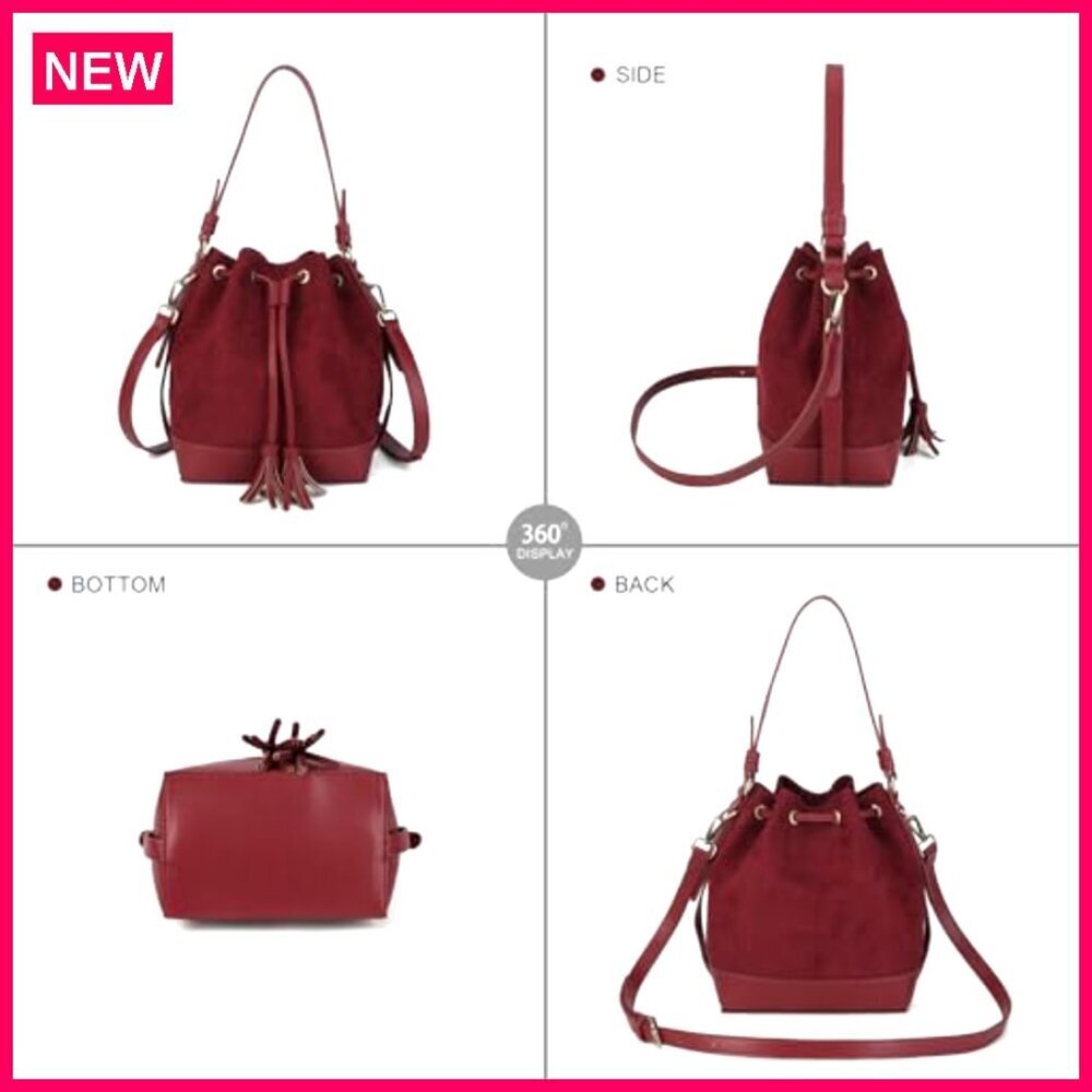 Faux Suede Bucket Bag Crossbody Hobo Purse with Drawstring and 2 Straps - Picture 4 of 8